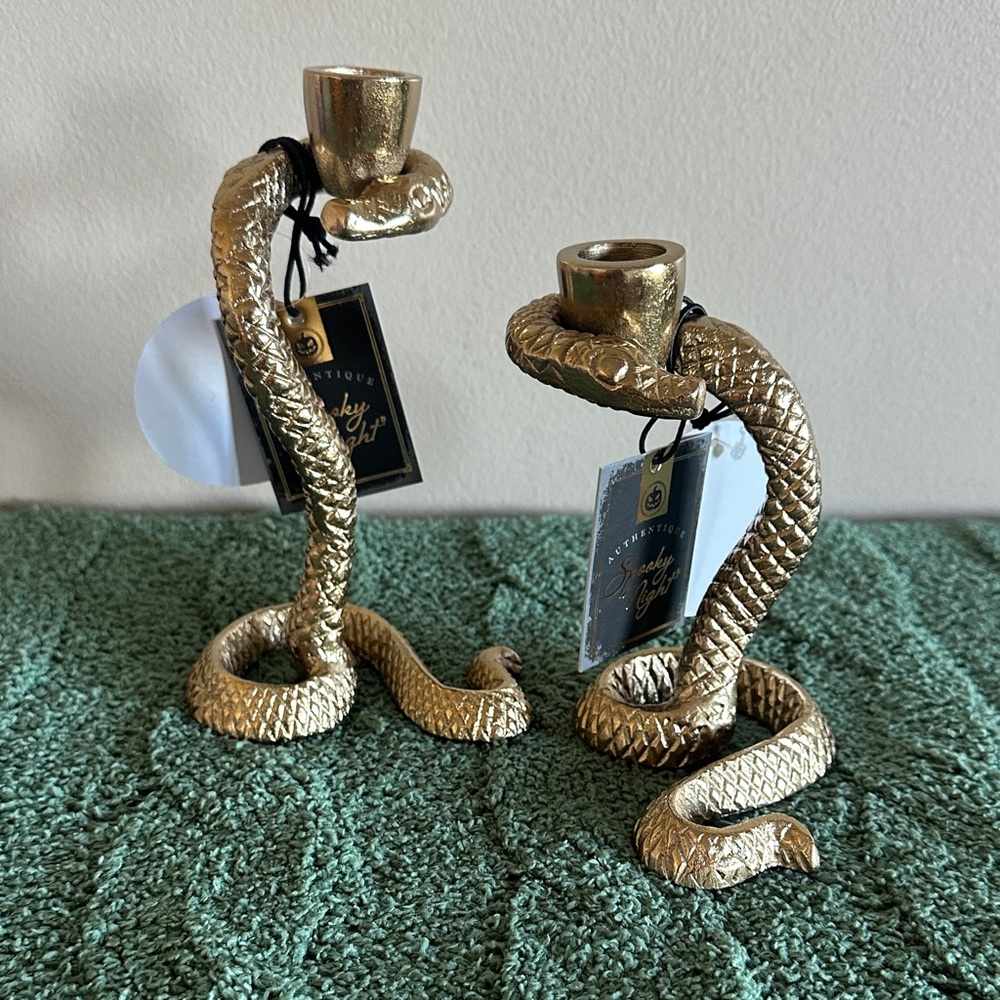 Spooky Night Gold Tone Snake 🐍 Candle Holders Halloween Set of 2 NEW!